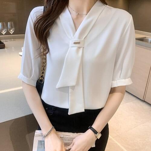 2021 Summer V-neck Chiffon Shirt Short-sleeved Shirt Summer Blouse Solid Color Office Ladies Casual Korean Tops Clothing 15047