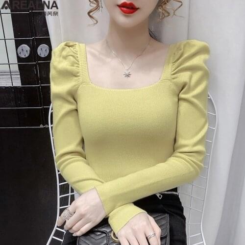 Sweater Women Jumper Puff Sleeve sexy Slim Elasticity Knitted Pullover Female Long Sleeve Autumn Square Collar woman sweaters