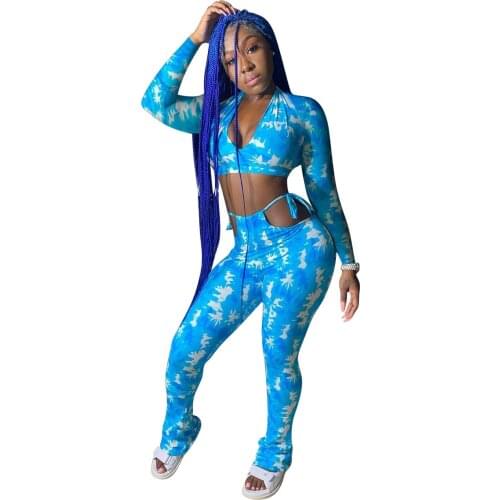 Casaul Women Print Tie Dye Two Piece Set Hollow Out Full Sleeve Shirt And Long Pants Tracksuit Clothes For Women Outfit