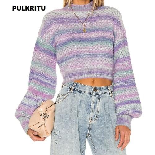 Pulkritu Women Rainbow Striped Long Sleeve Mini Sweater Autumn Winter Elegant INS Pullover Tops