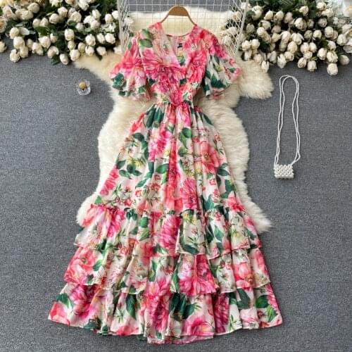 Womens Spring Summer Runway Fashion Short Sleeve Floral Print Long Chiffon Dress Female Chic Travel Party Beach Dress TB912