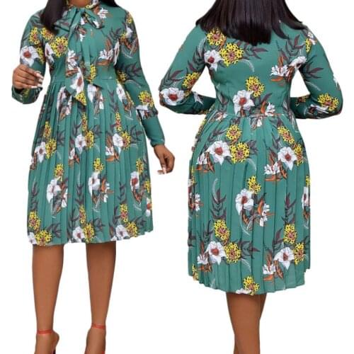 Women Floral Print Dress, Bohemian Style Long Sleeve Bow Tie Neck Pleated Midi Dress Spring Autumn Plus Size 3XL