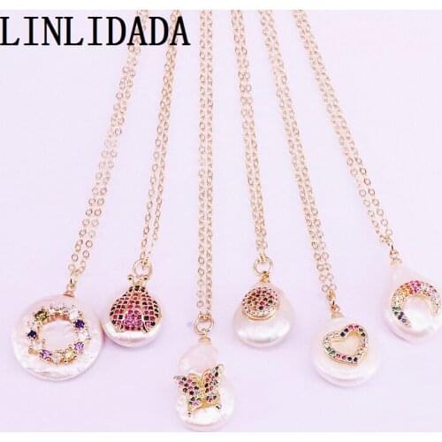 10PCS, Mix Random, rainbow cz micro pave gold color charm freshwater pearl bead pendant necklace