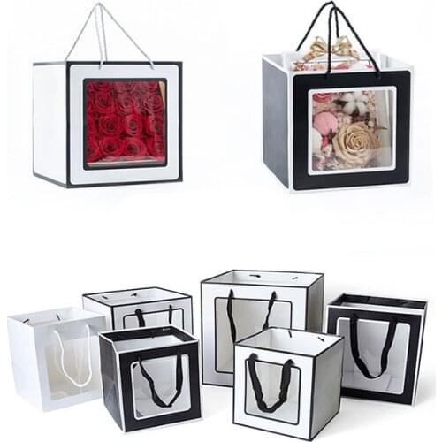 5Pcs Large Size Square Present Box For Flower Packaging With PVC Window Flower Bags Kraft Paper Gift Bag Christmas Decoration