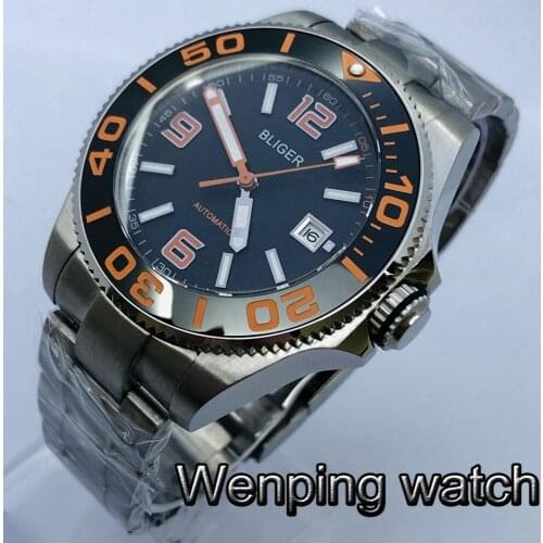 Bliger New 43mm Top Casual Business Watch Silver Case Sapphire Glass Ceramic Bezel Black Dial Date Luminous Automatic Watch