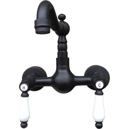 Black Oil Rubbed Bronze Wall Mounted Dual Ceramic Handles Swivel Spout Kitchen Sink Mixer Tap / Bathroom Basin Faucets anf522