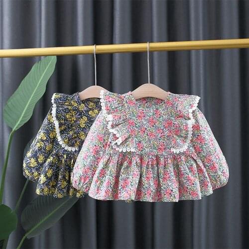 Spring Autumn Girls Kids Princess Ruffles Blouse Long Sleeve Children Baby Infants Flora Printed Tops T-shirt-Dresses S12693