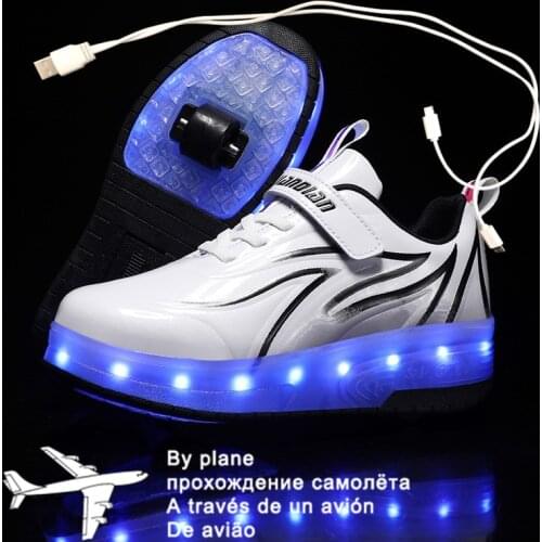 Children Boys Blue Luminous Glowing Sneakers with Double Two Wheels Roller Skate Shoes Adult Kids USB Charging Shoes Pink Girls
