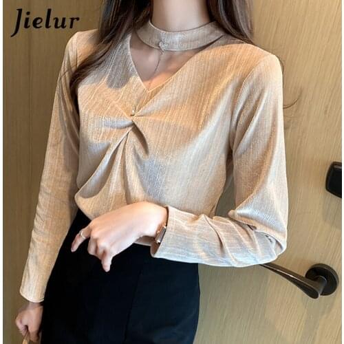 Jielur Spring V-Neck Velvet Shirts Fashion Solid Color Blouses for Women Shirt Long-Sleeved Office Lady Khaki Red Blue Top S-2XL