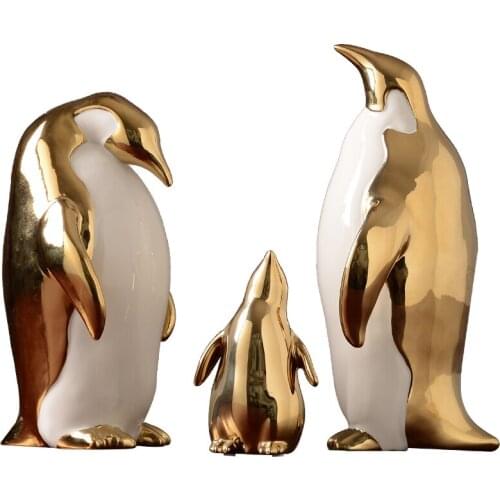 Nordic Ceramic Gold Penguin Figurines A family Of Three Animal Crafts Creative Ornaments Office Desk Home Decoration Accessories