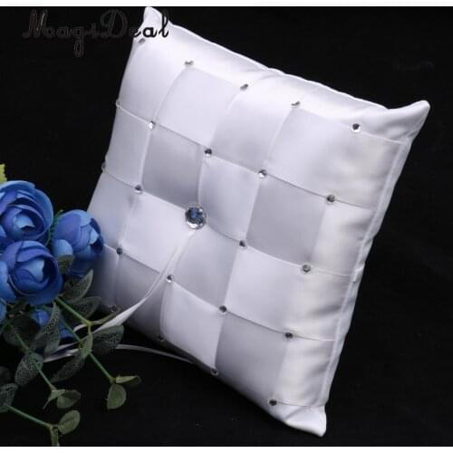 MagiDeal Elegant 1Pc White Satin Crystal Lattice Ring Pillow Wedding Ceremony Ring Bearer Cushion