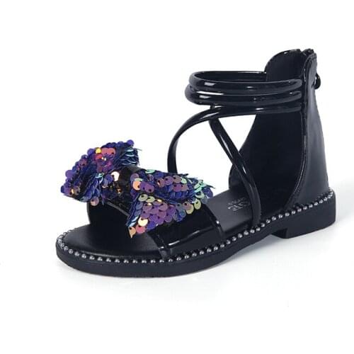 Cute Casual Little Girl Shoes Summer Fashion High-top Open-toe Kids Bow Sequined Silver Black Roman Princess Shoes