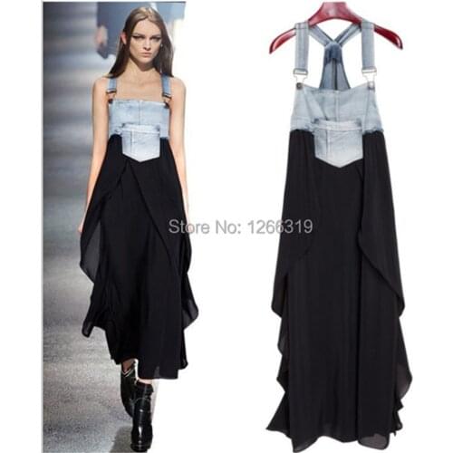2015 New Girls Denim Overalls Black Chiffon Dresses Long Summer Casual Dress Bohemian Asymmetrical Women Empire Dresses 1032