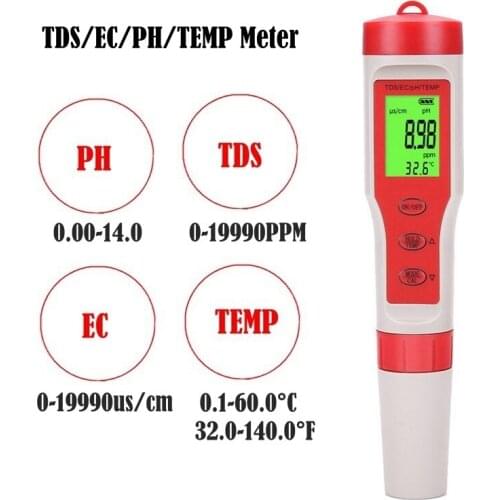 4 in 1 TDS PH Meter PH/TDS/EC/Temperature Meter Digital Water Quality Monitor Tester for Pools, Drinking Water, Aquariums