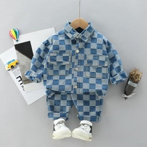 2021 spring and autumn new boy suits plaid double pocket lapel love long-sleeved male baby jacket two-piece childrens suit