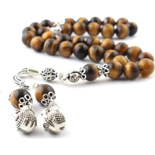 Natural Tigereye 925 Silver Tassel 33 Bead Prayer Tasbih Muslim Rosary Men Women Meditation Jewelry From Turkey