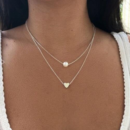 Simple Peach Heart Love Fashion Imitation pearl Double Layer Pendant Adjustable Necklace Gift For Women Girls Jewelry