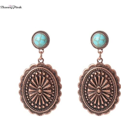 Banny Pink Tribal Pattern Oval Geometric Statement Earrings For Women Vintage Stone Stud Earrings Ethnic Pendant Earring Brincos