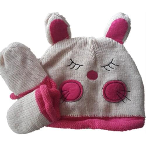 Cartoon Cute animals Rabbit Cat Hats Knitting Cotton Wool Winter Warm Ear protection caps Fleece Lining Beanies with gloves set