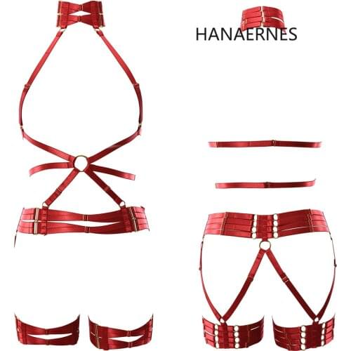 HANAERNES Red Wine Sexy Hollow Cage Adjustment Chest Strap Body Harness Wedding Bride Leg Garter Belt Gothic Cage Harness Set
