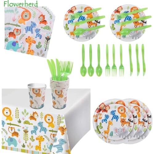 Tropical Rainforest Zoo Party Supplies Disposable Plates Napkins Cups Knives Forks Spoons Tableware Set for Birthday Baby Shower