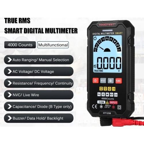 HABOTEST HT125A Smart Digital Multimeter 4000 Count True RMS Auto Ranging Voltage Meter with Backlight LCD 600V AC DC Voltmeter