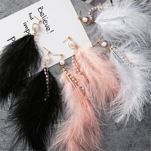 Vintage Black Feather Earrings for Women Romantic Rhinestones Long Imitation Pearl Tassel Earrings Fashion Jewelry