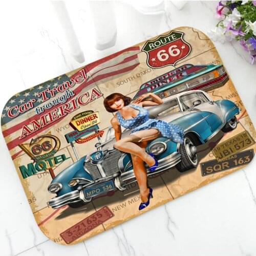 Vintage Route 66 Poster Door Mat Old American Route 66 Hot Girl Beauty Doormats Bathroom Mat Kitchen Rugs Living Room Carpet