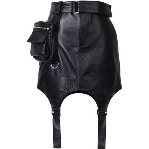 YOLOAgain Women Genuine Leather Asymmetry Irregular Skirt LW01