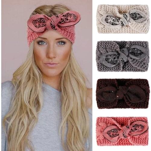 New Winter Women Warmer Wide Band Wool Flower Hairbands Knitted Crochet Twist Headbands Turban Headwrap for Girl