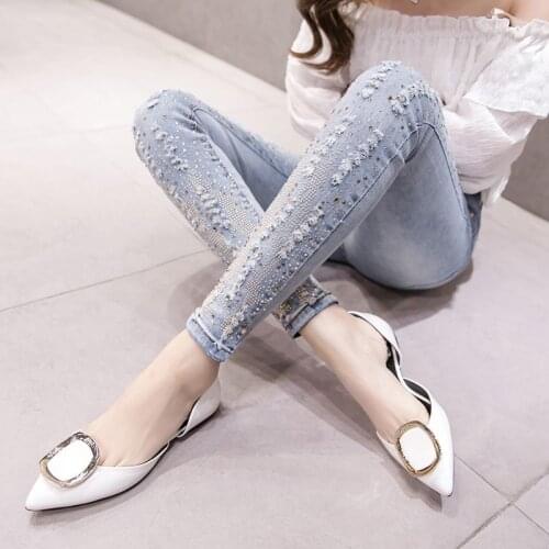 Spring Summer Fashion Womens High Waisted Glitter Stone Ripped Hole Skinny Jeans Pants , Stretch Pencil Denim Skirt For Women