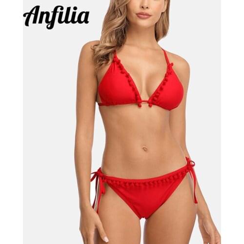 Anfilia Women Bikini Set Tassel Ball Two-pieces Swimsuit Side Bandage Swimwear Beachwear Push Up Sexy Bathing Suit