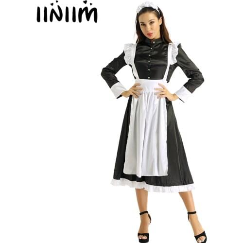 Iiniim Women Adult Maid Cosplay Costume Outfit Clubwear Female Front Button Down Long Maxi Fancy Dress with Apron and Headpiece