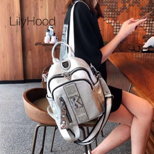 Women Fashion Vegan Leather Rhinestone Backpack Female Korean Fashion Daily Soft PU Leather Travel Small Size Silver Knapsack