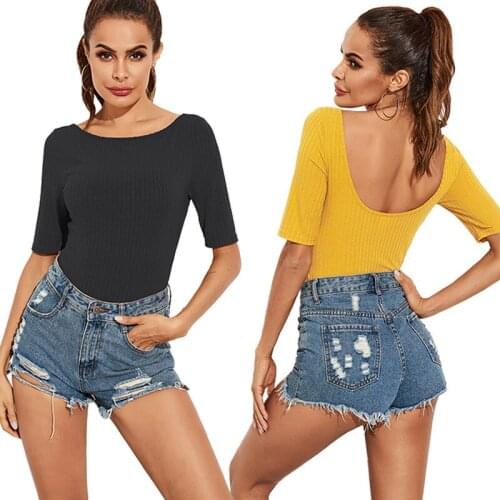 Backless Slim Knit Pit Strip Jumpsuit Women 2020 Summer O-Neck Middle Sleeve Sexy Elastic Skinny Bodysuit Women Bottoming Shirt