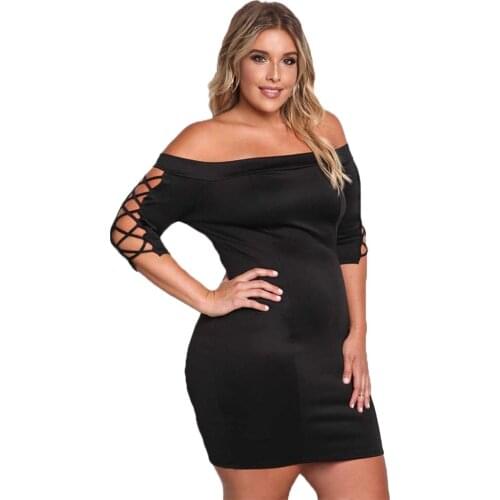2019 New Summer Dress Fashion Trendy Temperament Solid Plus Large Size Fat Slim Slash Neck Short Sleeve Women Dresses ZW136