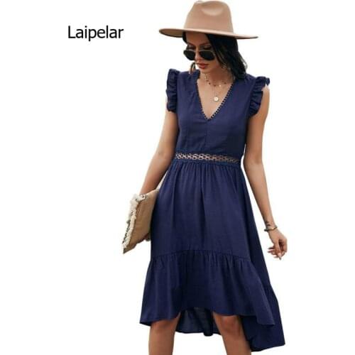 Womens 2021 Spring / Summer Solid Color Cut Out Stitching Skirt Beach Dress