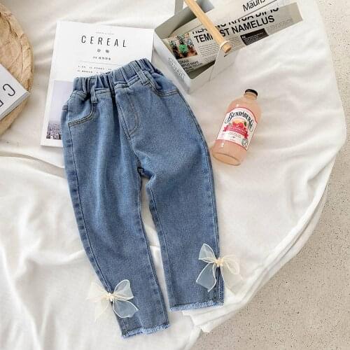 2021 Fashion Girls Kids Princess Jeans Pants Spring Autumn Long Children Baby Bow Denim Pant Trousers S12071