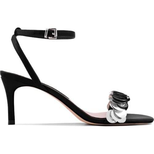 2021 Silver Black Stiletto Heels Fashion Sandals Sequined Buckles,star Matching Roman Female Shoes