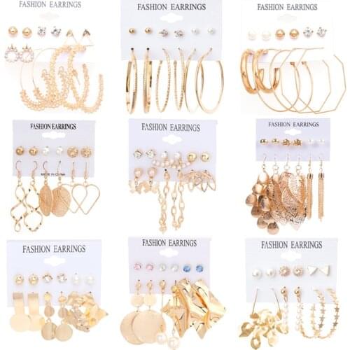 6SETS Butterfly Pearl Stud Earring Vintage Long Tassel Flower Hanging Earring Unusual Heart Crosses Dangle Hoop Earrings Jewelry
