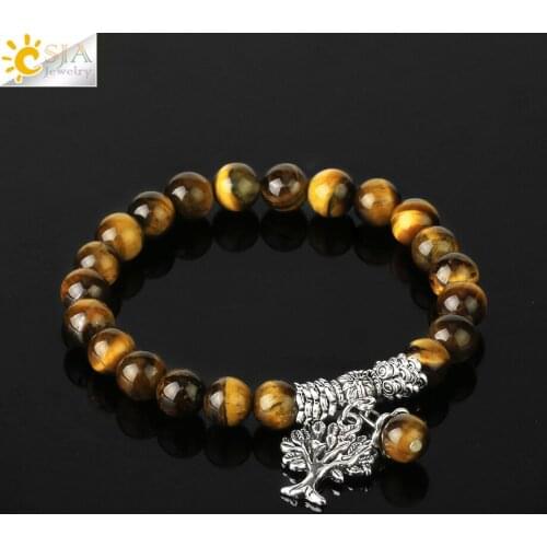 CSJA Yellow Tigers Eye Semi Precious Bracelet Natural Stone Round Beads 8mm Bracelets for Men Rosary Beaded Energy Jewelry E725