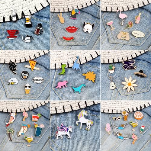 2~9Pcs/set Enamel Brooch Pin Pot Cup Dinosaur Parrot Dog Flamingo Pizza Brooch Lips Drink Brooches For Women Hat Badge Jewelry