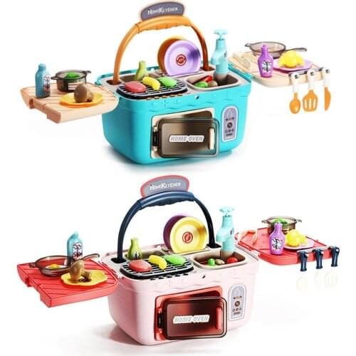Kids Kitchen BBQ Kitchenware Oven Cooking Picnic Basket with Musics Lights Color Changing Food Toys for Children Christmas Gifts