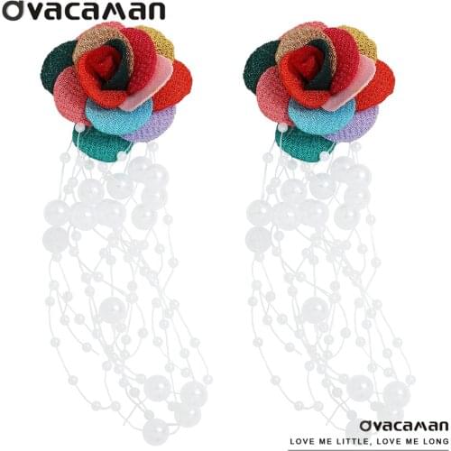 Dvacaman Fashion Cute Rose Flower Statement Drop Earrings for Women Design Simulated Pearl Tassel Earrings Dangle Jewelry Bijoux