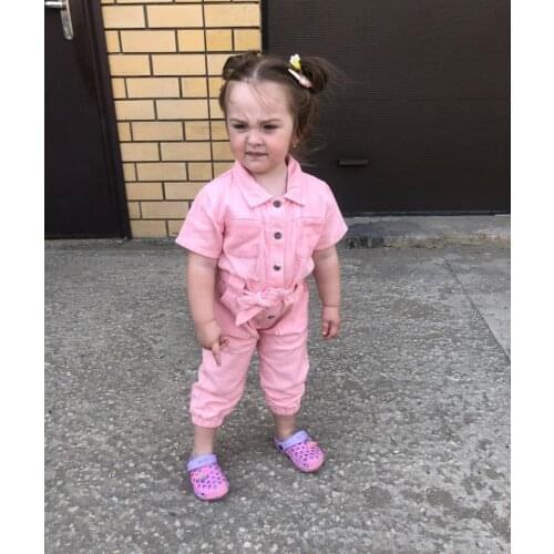 1-6Years Kids Baby Girls Denim Jumpsuit Work Clothes Toddler Standing Collar Pocket Short Sleeve Romper for Children