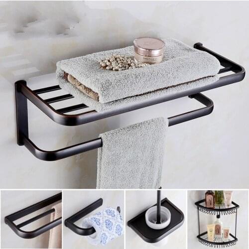 European Copper Bathroom Shelf Towel Rack Black Toilet Brush Holder Double Towel Rails Bathroom Hardware Pendant Set Coat Hook