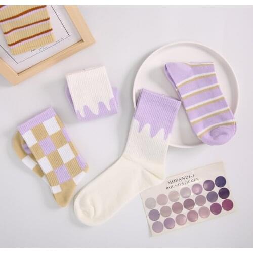 Ins Hot Cream Lattice Fashion Women Socks Creative Chic Stripe Plaid Pattern Funny Sock Girls Fantasy Purple Sport Cotton Socks