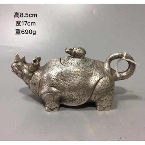 Chinese Cupronickel Hand Made Carved Rhinoceros statue Teapot Qianlong dynasty Mark white copper Tea water Pot kettle