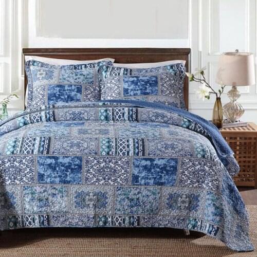 Cowboy Blue Bedspread Quilt Set 3pcs Coverlet Cotton Aircondition Bed Cover Pillowcase King Queen Size Summer Blanket