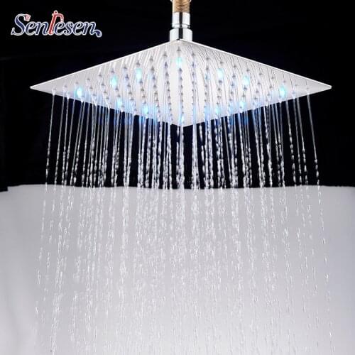 Senlesen Shower Head 12 inch Chrome LED Rainfall Tap 304 Stainless Steel Over-head Shower Sprayer Square Style 10/12/16 inch